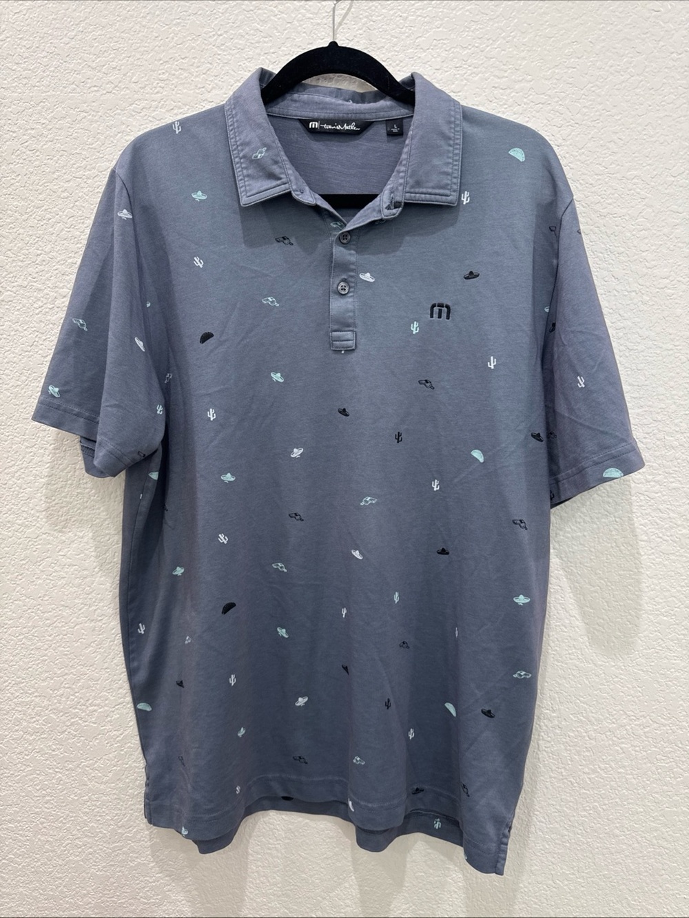 TravisMathew Polo Shirt Mens Large Gray Taco Sombrero Cactus Golf Pima Cotton